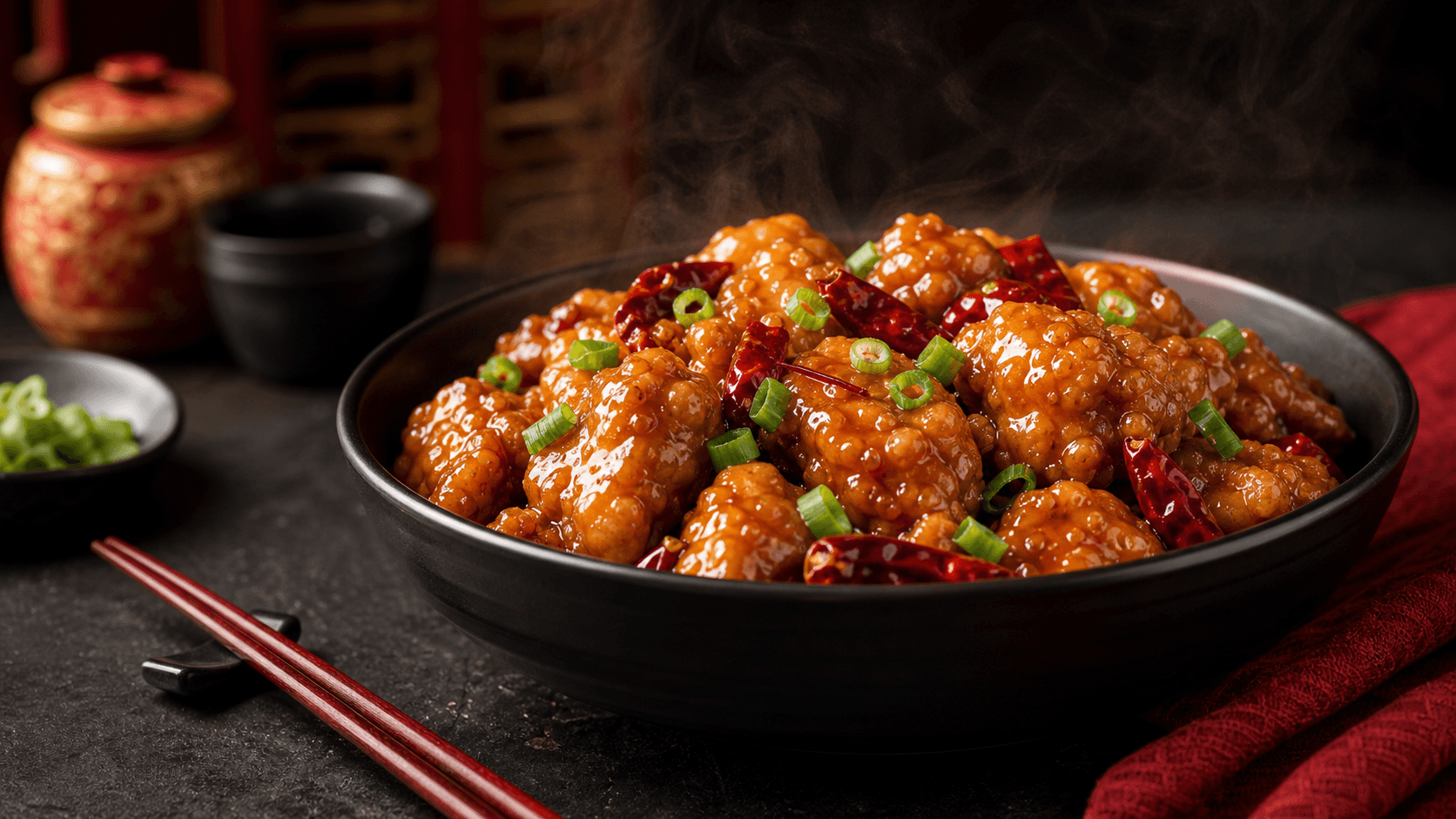 Fresh General Tso chicken in a black bowl